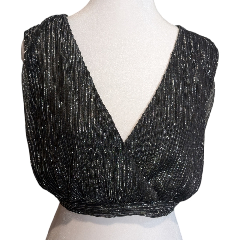 Lulus Womens Black and Metallic Silver Crop Wrap Going Out Festival Top Size Med